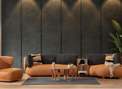 Orange living room set stylish L-shaped couch designer upholstered armchair